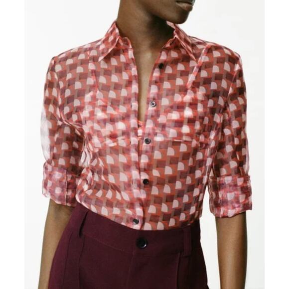 NEW Zara 70s psychedelic print sheer blouse top shirt tee Large New With Tags - Picture 1 of 6